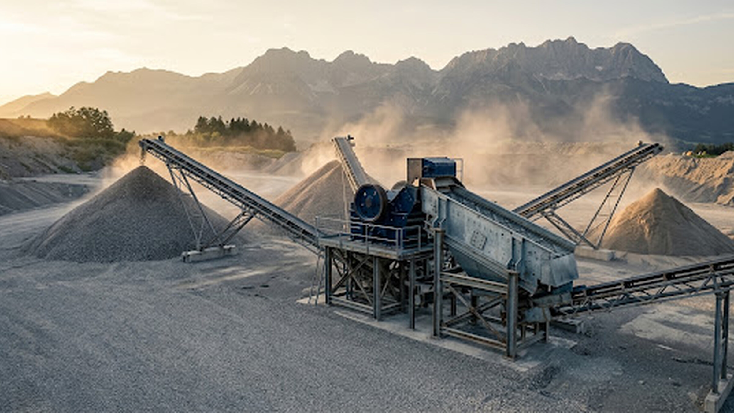 Stone crushing plant with conveyors at a quarry